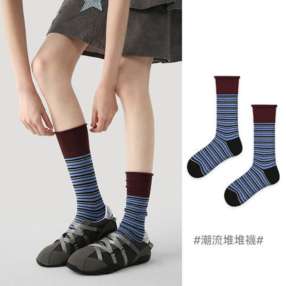 【簡約ins風】2種穿法！秋季新款撞色細條紋簡約無骨堆堆襪