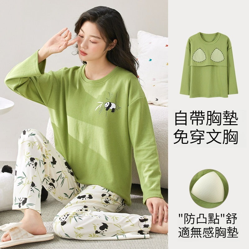 【可愛甜美風～帶胸墊外穿不尷尬!】春秋新款寬鬆版型舒適柔軟印花帶胸墊加大碼長袖居家服睡衣