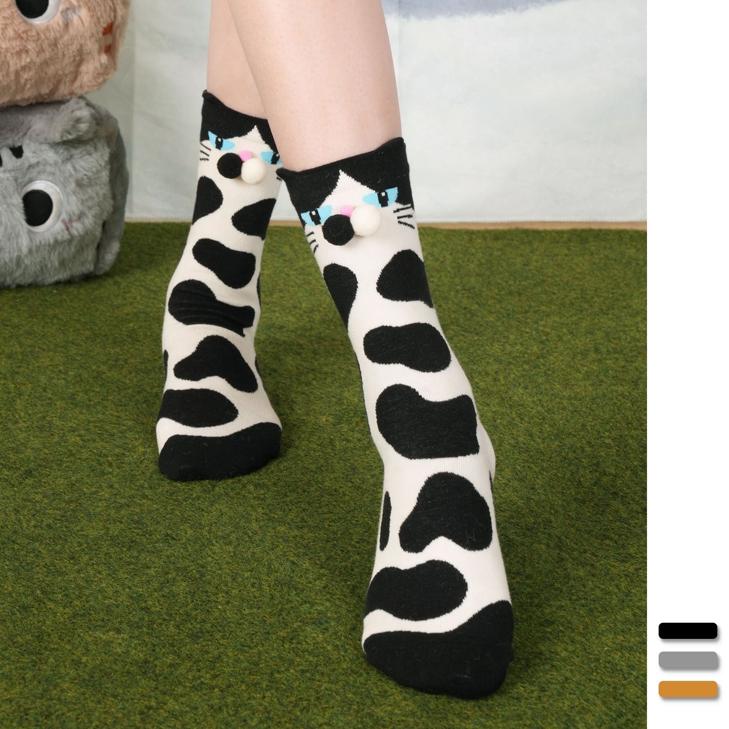 【可愛噘嘴喵系列】秋冬新款花貓奶牛貓立體可愛純棉中筒襪女襪