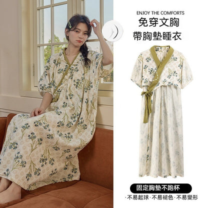 【甜美又實穿～可愛花邊穿出門也不尷尬!】自帶胸墊！寬鬆版型雲朵棉印花不束縛透氣睡裙