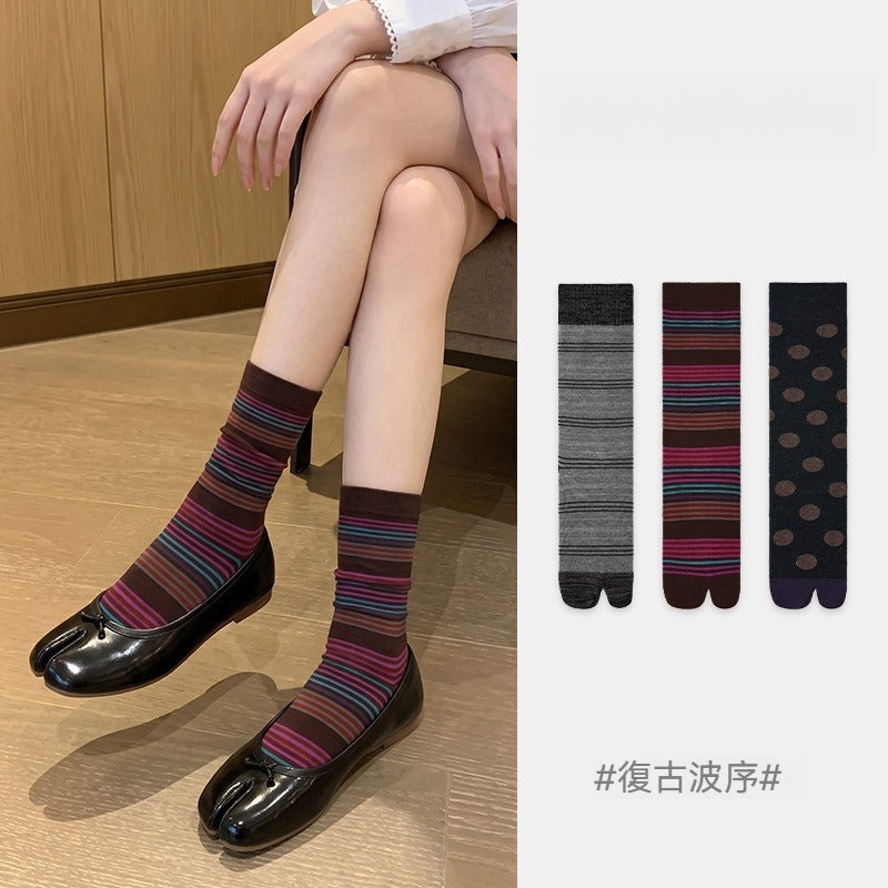 【復古條紋波點款】秋季新款細膩耐磨純棉透氣潮流撞色波點分趾襪二趾襪中筒襪