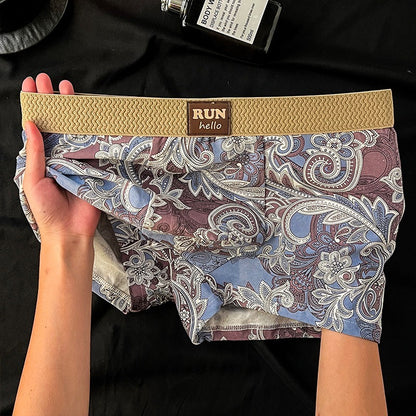 【古典風青花瓷系列】質感輕奢~新款撞色琥珀流光中腰平角男士内褲