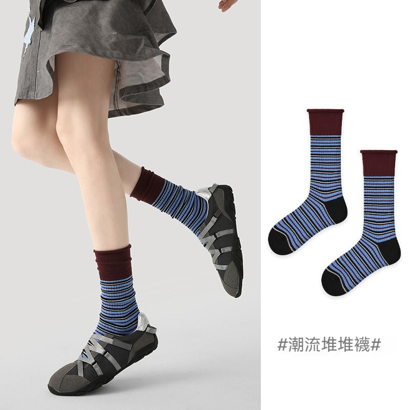 【簡約ins風】2種穿法！秋季新款撞色細條紋簡約無骨堆堆襪