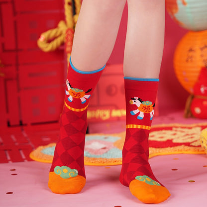 【大吉大利！馬上快樂~】送紅包殼！親子款，全家都能穿~秋冬新款小馬系列本命年撞色小馬中筒襪