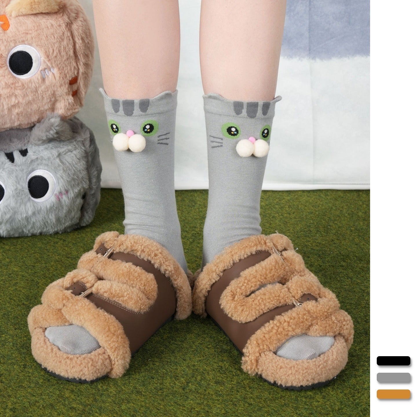 【可愛噘嘴喵系列】秋冬新款花貓奶牛貓立體可愛純棉中筒襪女襪