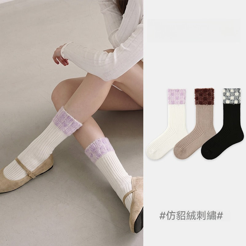 【輕奢復古系列】秋冬新款仿貂絨拼接撞色個性格子加厚保暖毛絨小腿襪