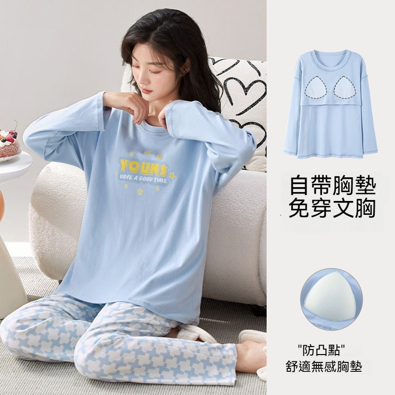 【可愛甜美風～帶胸墊外穿不尷尬!】春秋新款寬鬆版型舒適柔軟印花帶胸墊加大碼長袖居家服睡衣