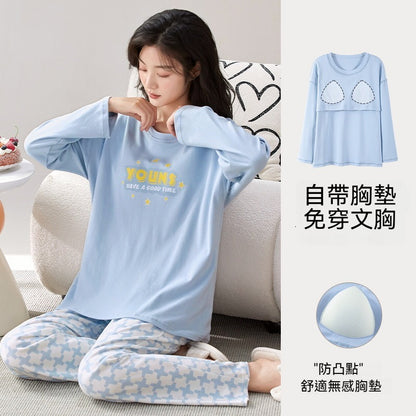 【可愛甜美風～帶胸墊外穿不尷尬!】春秋新款寬鬆版型舒適柔軟印花帶胸墊加大碼長袖居家服睡衣