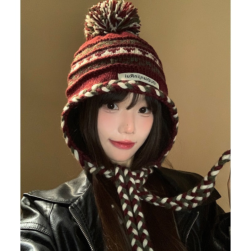 【費爾島風】秋冬新款麻花辮保暖百搭顯臉小護耳毛綫帽子