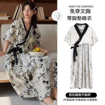 【甜美又實穿～可愛花邊穿出門也不尷尬!】自帶胸墊！寬鬆版型雲朵棉印花不束縛透氣睡裙