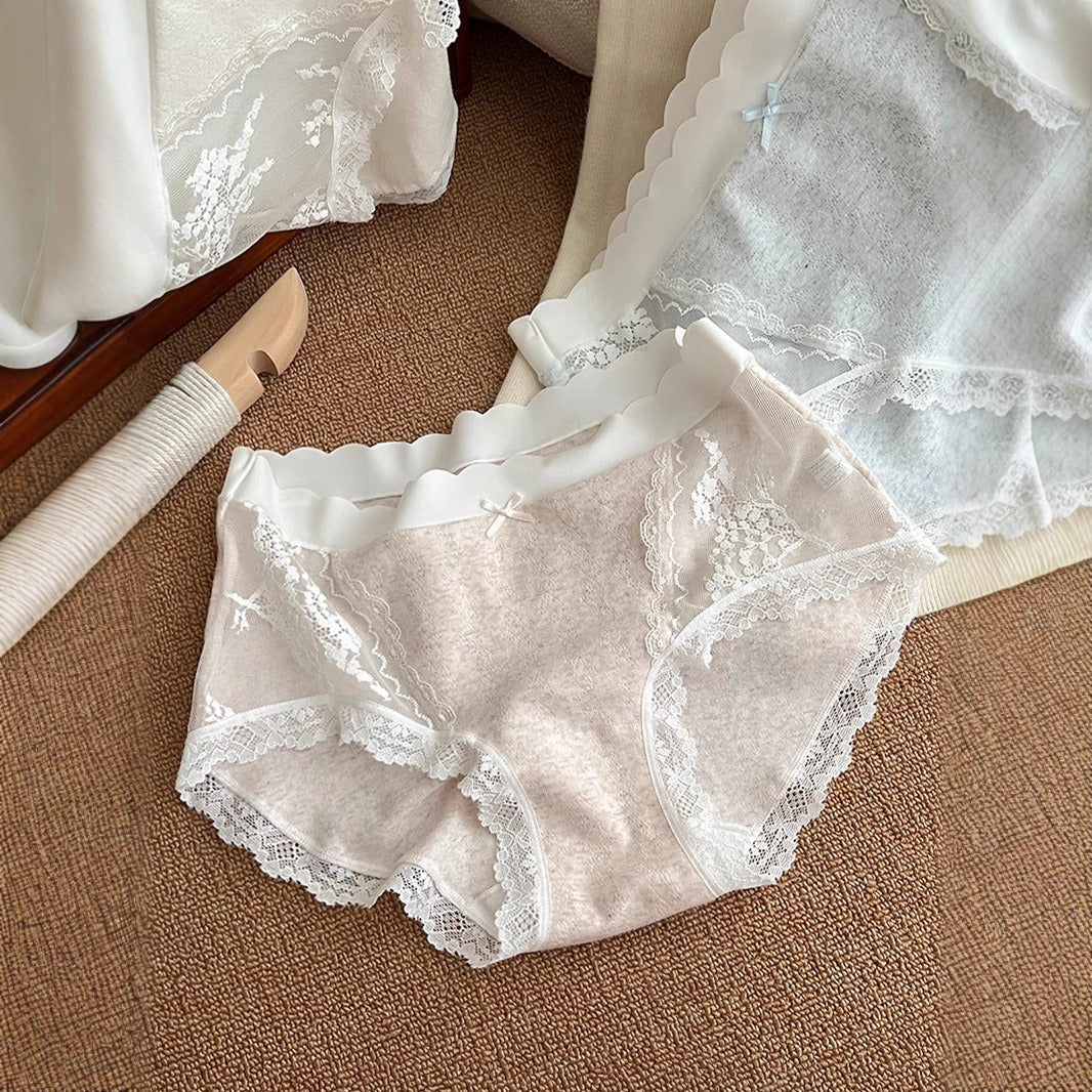 【奶油肌般的觸感】透氣軟糯長絨棉，純欲蕾絲中腰網紗無痕甜美女士三角内褲