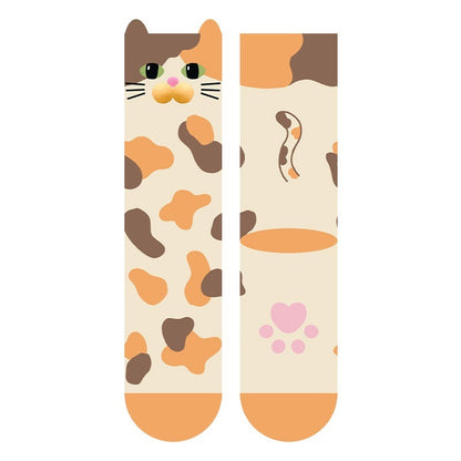 【可愛噘嘴喵系列】秋冬新款花貓奶牛貓立體可愛純棉中筒襪女襪