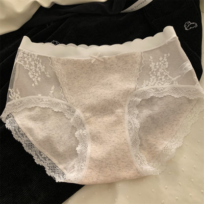 【奶油肌般的觸感】透氣軟糯長絨棉，純欲蕾絲中腰網紗無痕甜美女士三角内褲