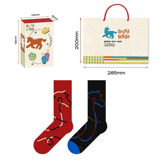 【新年紅襪禮盒！2雙裝~】送禮品袋&紅包殼！新款小馬系列撞色綫條小馬中筒棉襪