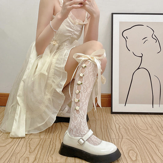 【甜美蕾絲系列】秋季新款正側玫瑰花鏤空蕾絲綁帶小腿襪中筒襪