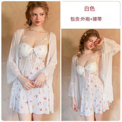 【輕盈網紗系列】俏皮印花性感蕾絲自然聚攏吊帶女士家居睡裙