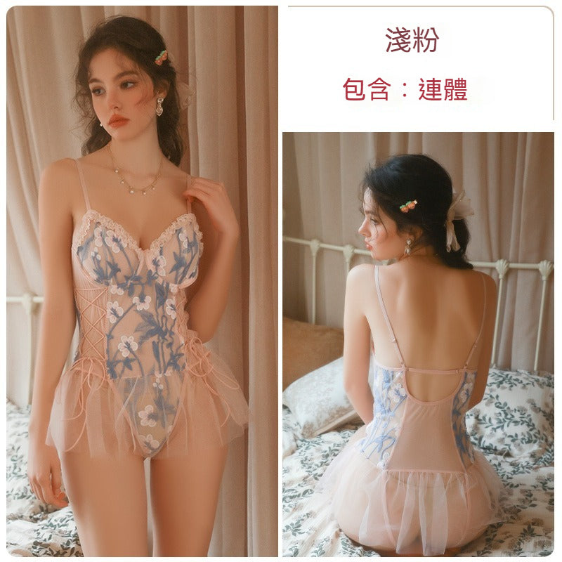 【純欲風甜美系列~】內置鋼圈~托胸聚攏透視薄紗性感睡裙