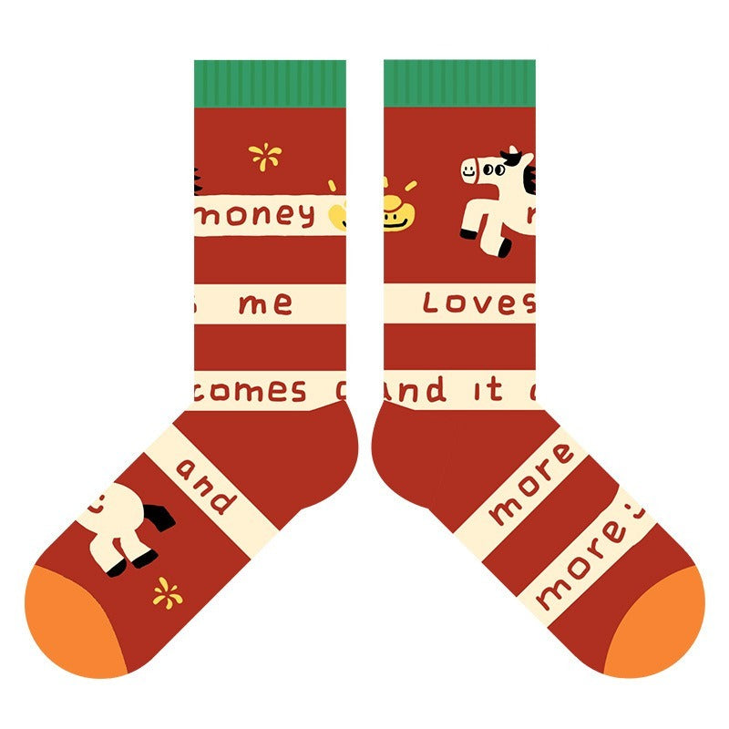 【新年襪子禮盒！3雙裝~】送紅包殼！新款小馬系列可愛馬年紅色襪子中筒襪男女可穿