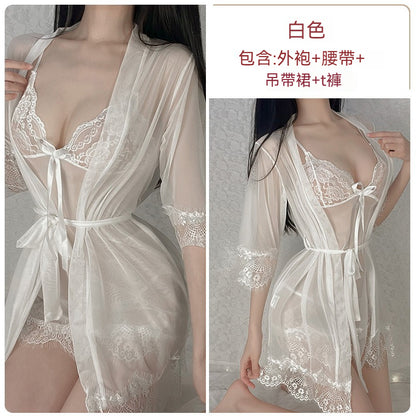 【誘惑蝴蝶結】整套4件裝~若隱若現的性感！新款吊帶外袍情趣睡衣套裝