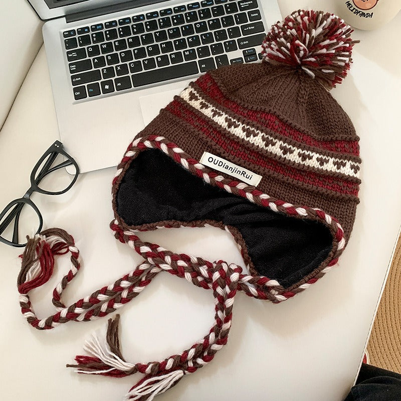 【費爾島風】秋冬新款麻花辮保暖百搭顯臉小護耳毛綫帽子