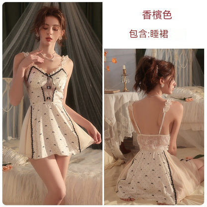 【蕾絲甜美系列】帶胸墊~新款大碼飛袖甜美冰絲性感吊帶睡裙情趣睡衣