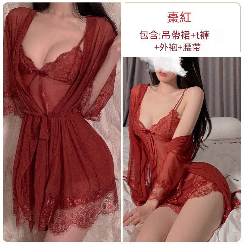 【誘惑蝴蝶結】整套4件裝~若隱若現的性感！新款吊帶外袍情趣睡衣套裝