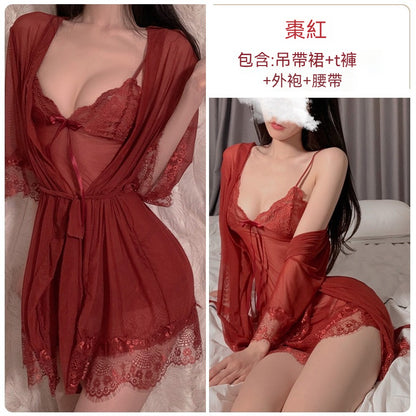 【誘惑蝴蝶結】整套4件裝~若隱若現的性感！新款吊帶外袍情趣睡衣套裝
