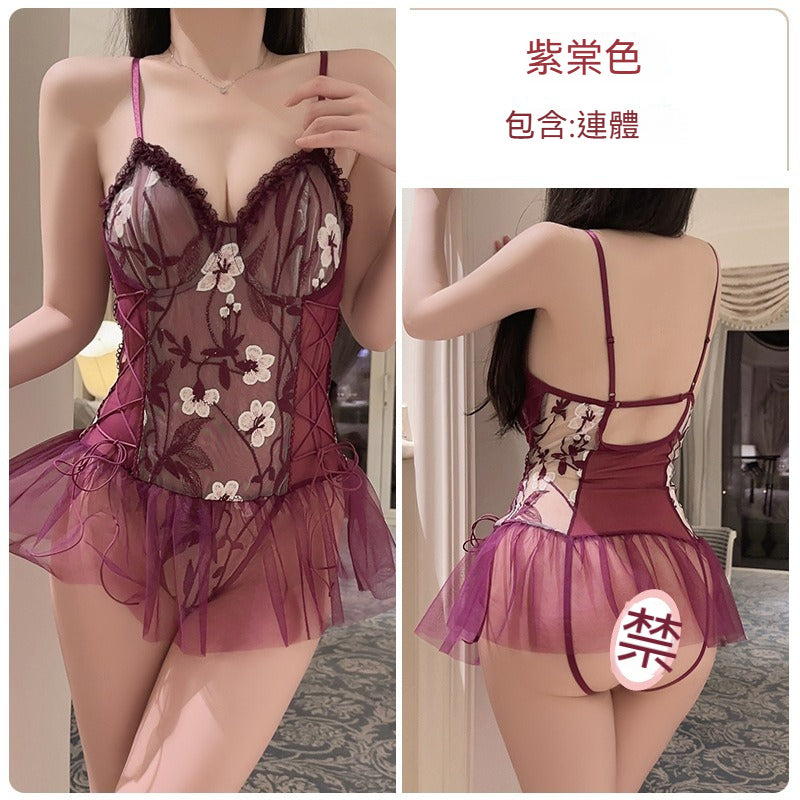 【純欲風甜美系列~】內置鋼圈~托胸聚攏透視薄紗性感睡裙
