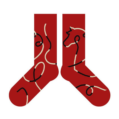 【新年紅襪禮盒！2雙裝~】送禮品袋&紅包殼！新款小馬系列撞色綫條小馬中筒棉襪