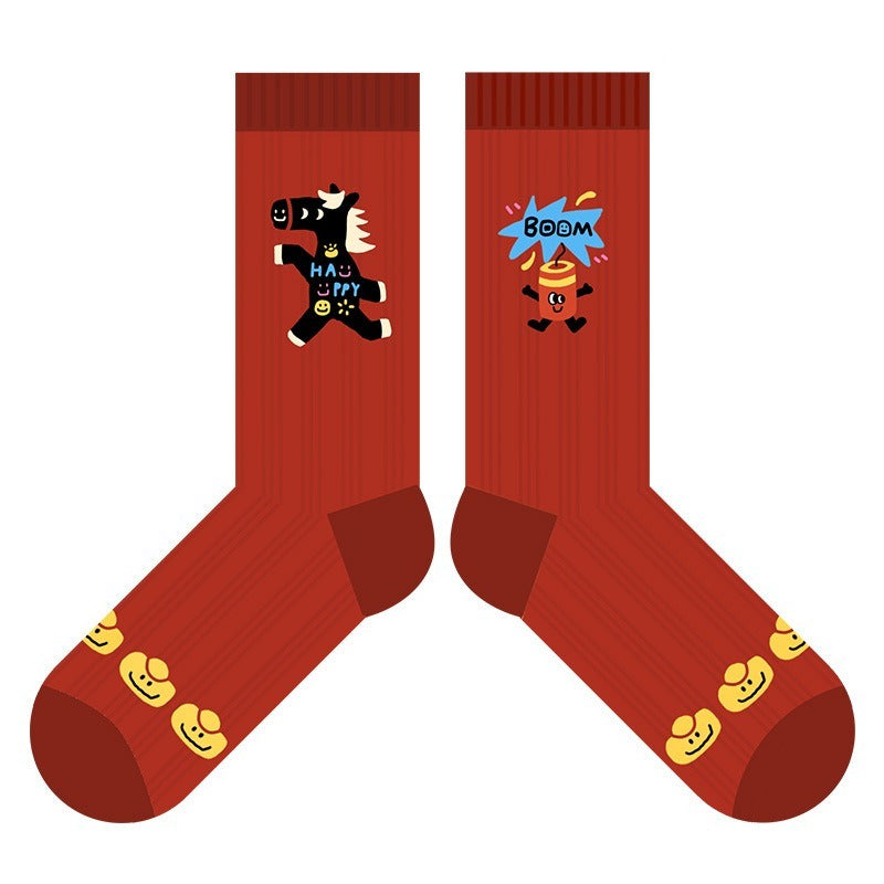 【新年襪子禮盒！3雙裝~】送紅包殼！新款小馬系列可愛馬年紅色襪子中筒襪男女可穿