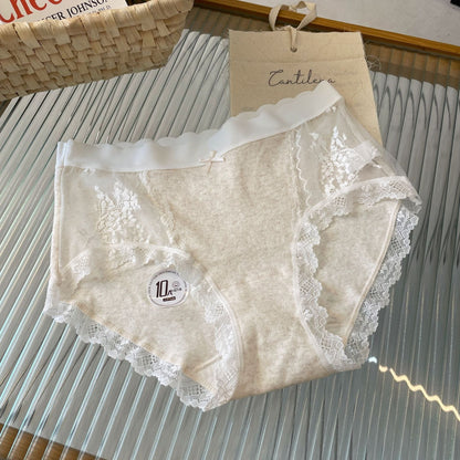 【奶油肌般的觸感】透氣軟糯長絨棉，純欲蕾絲中腰網紗無痕甜美女士三角内褲