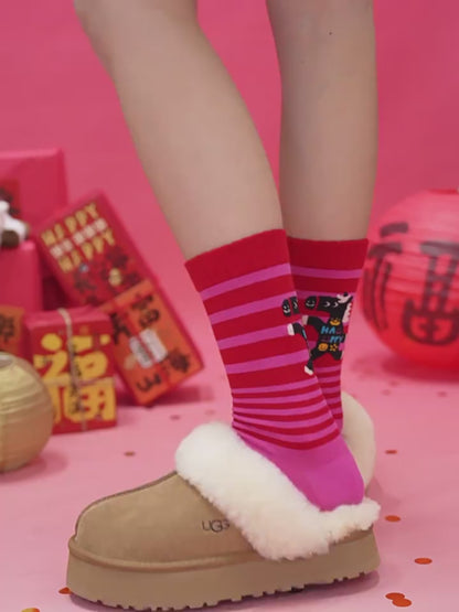 【新年襪子禮盒！3雙裝~】送紅包殼！新款小馬系列可愛馬年紅色襪子中筒襪男女可穿