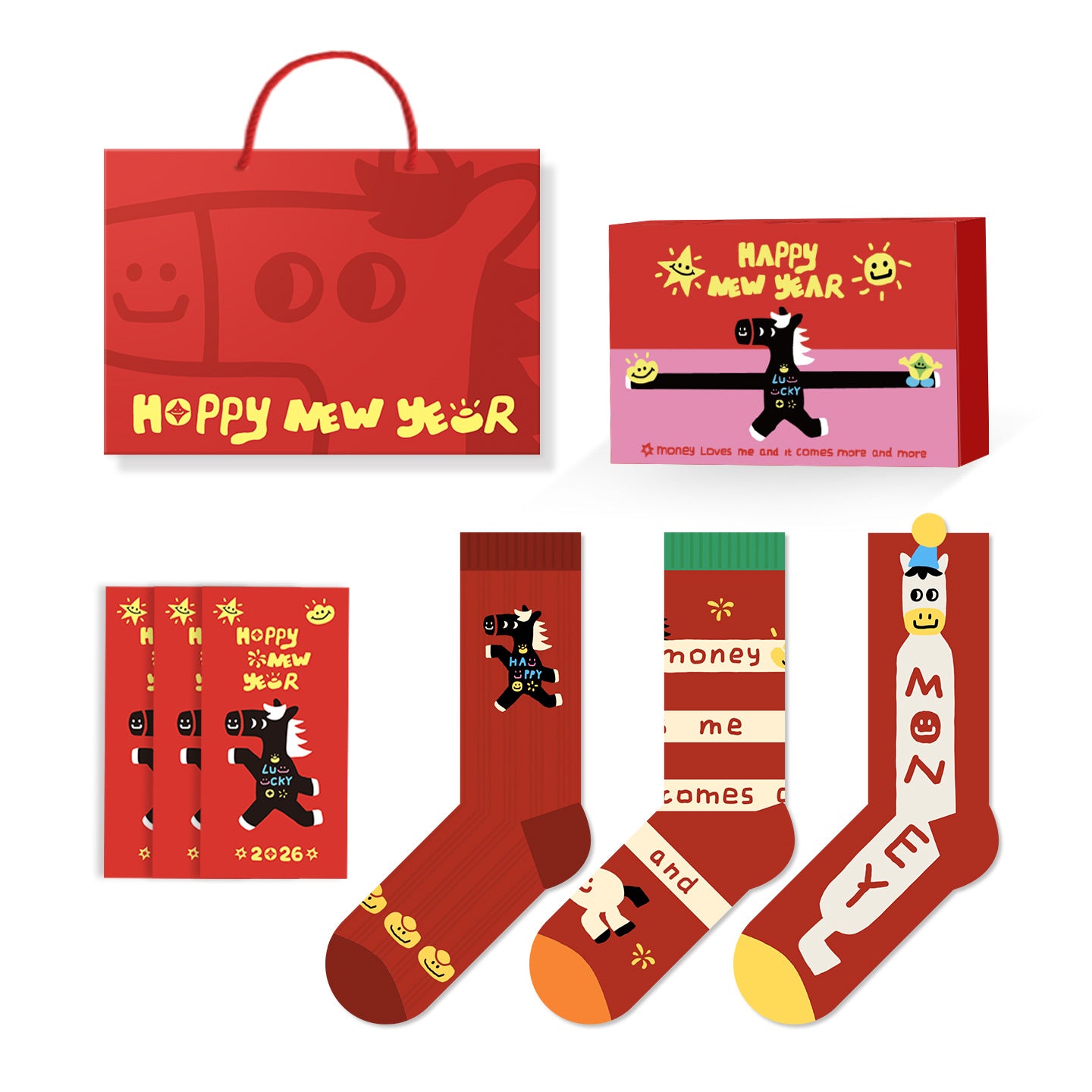 【新年襪子禮盒！3雙裝~】送紅包殼！新款小馬系列可愛馬年紅色襪子中筒襪男女可穿