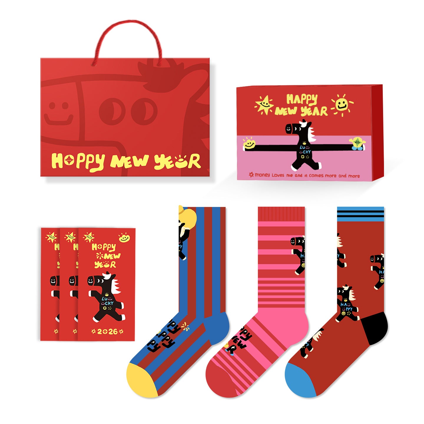 【新年襪子禮盒！3雙裝~】送紅包殼！新款小馬系列可愛馬年紅色襪子中筒襪男女可穿