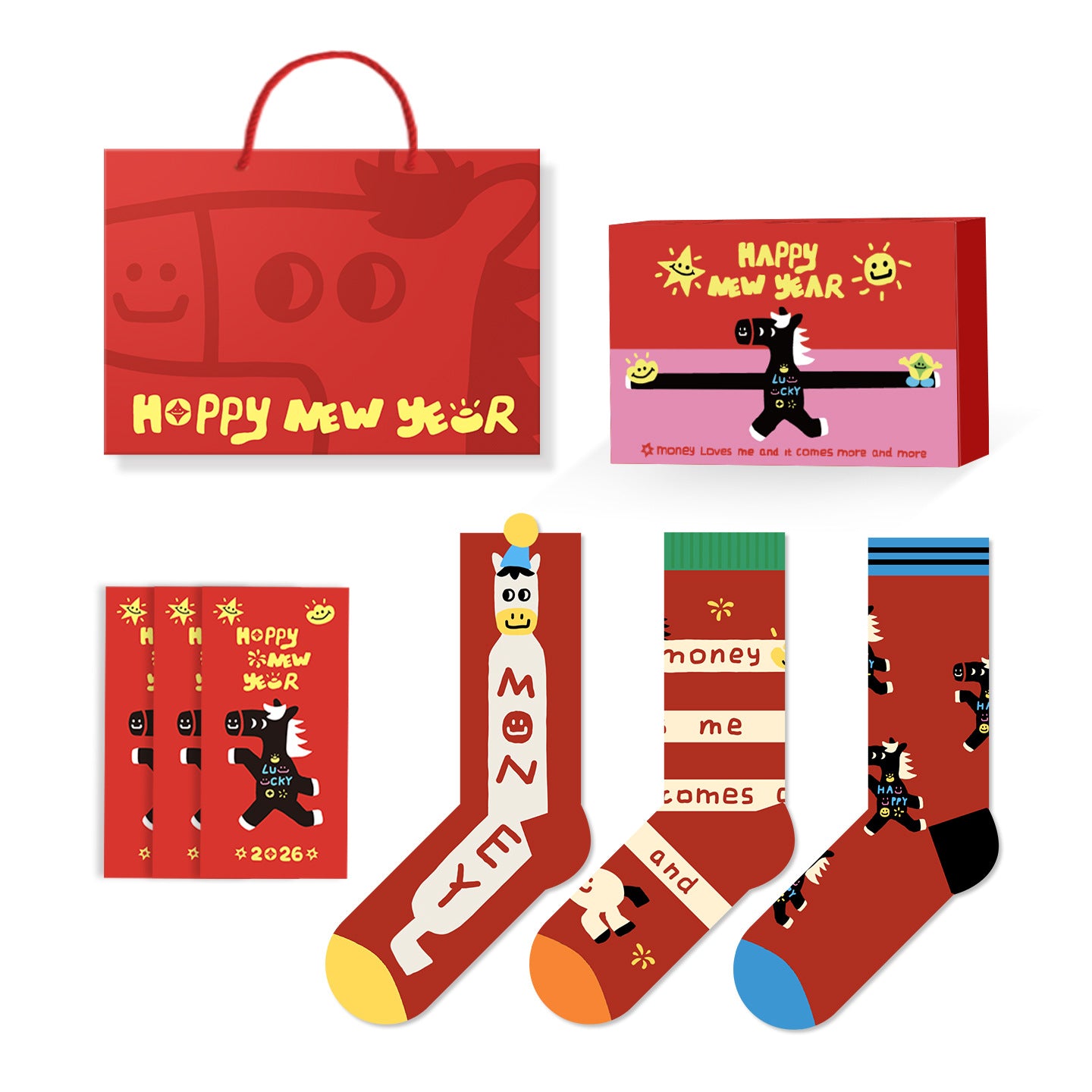 【新年襪子禮盒！3雙裝~】送紅包殼！新款小馬系列可愛馬年紅色襪子中筒襪男女可穿
