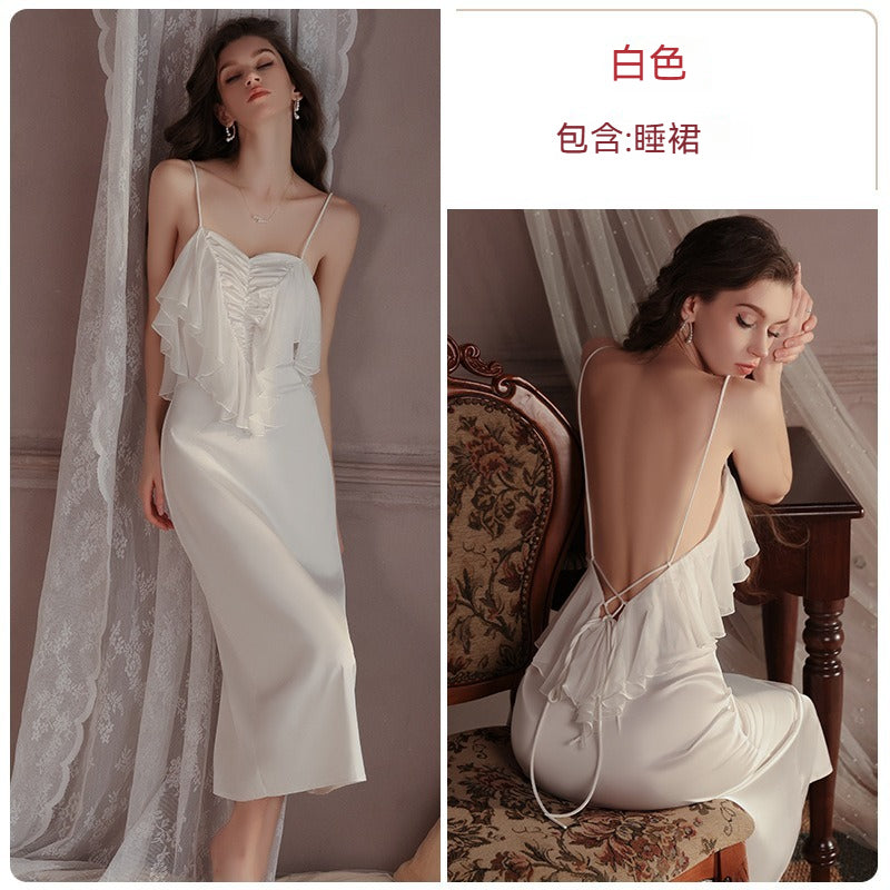 【法式輕奢緞面款】胸前網紗拼接+立體褶皺自然聚攏吊帶女士家居睡裙