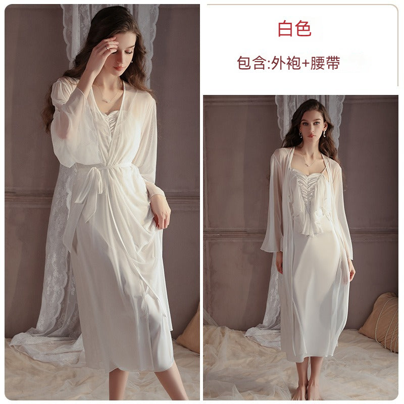 【法式輕奢緞面款】胸前網紗拼接+立體褶皺自然聚攏吊帶女士家居睡裙