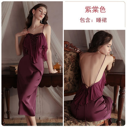 【法式輕奢緞面款】胸前網紗拼接+立體褶皺自然聚攏吊帶女士家居睡裙