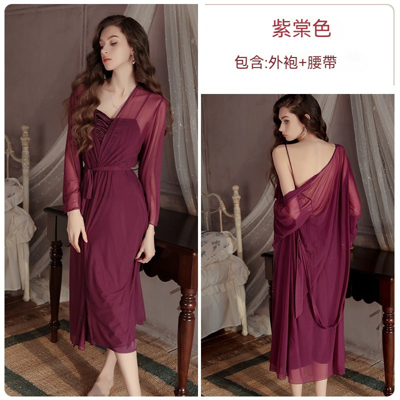 【法式輕奢緞面款】胸前網紗拼接+立體褶皺自然聚攏吊帶女士家居睡裙