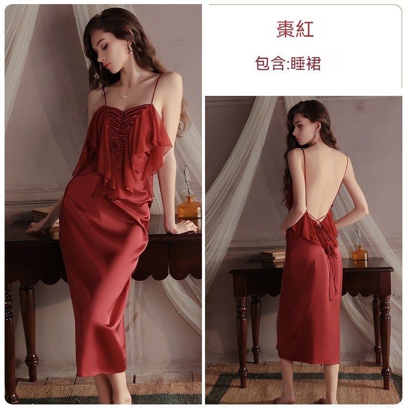 【法式輕奢緞面款】胸前網紗拼接+立體褶皺自然聚攏吊帶女士家居睡裙