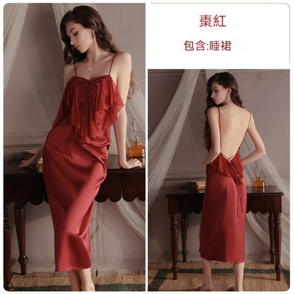 【法式輕奢緞面款】胸前網紗拼接+立體褶皺自然聚攏吊帶女士家居睡裙