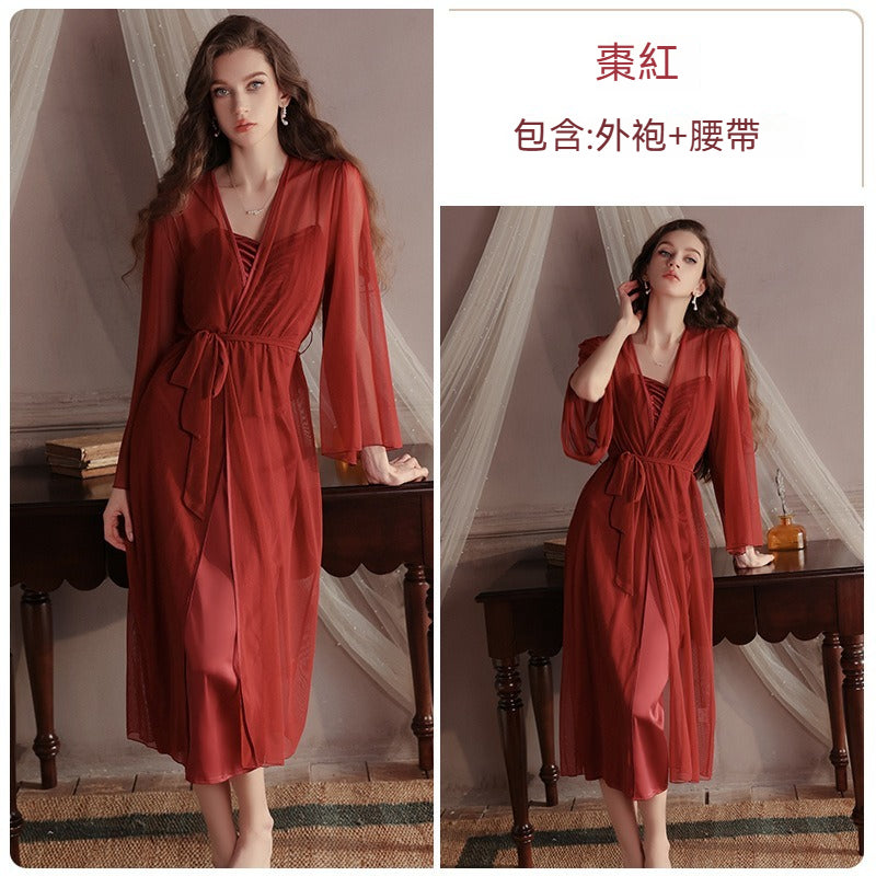 【法式輕奢緞面款】胸前網紗拼接+立體褶皺自然聚攏吊帶女士家居睡裙