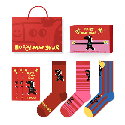 【新年襪子禮盒！3雙裝~】送紅包殼！新款小馬系列可愛馬年紅色襪子中筒襪男女可穿