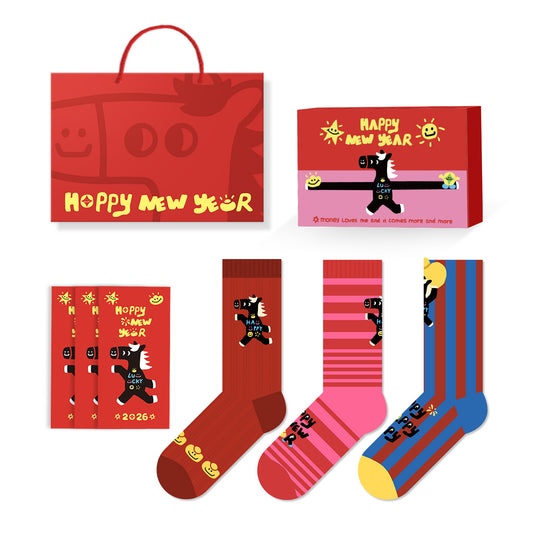 【新年襪子禮盒！3雙裝~】送紅包殼！新款小馬系列可愛馬年紅色襪子中筒襪男女可穿