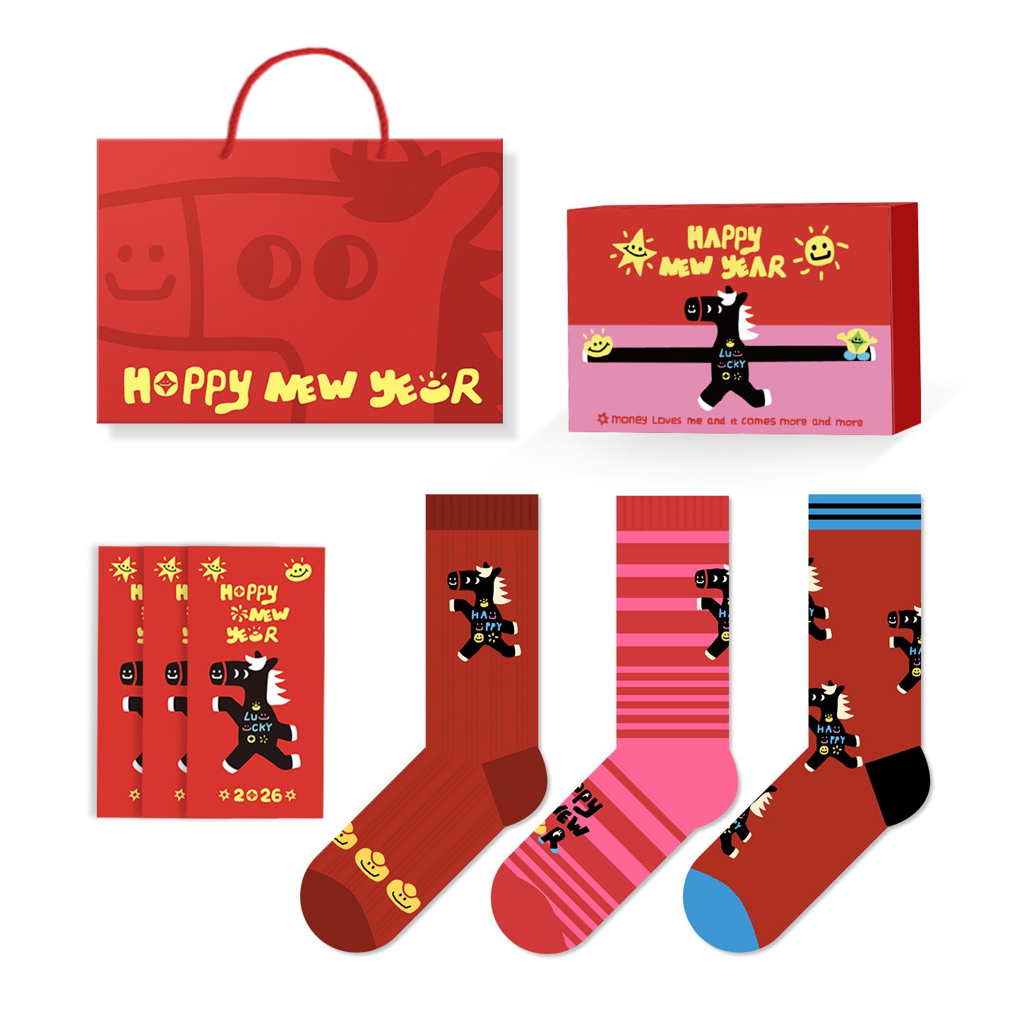 【新年襪子禮盒！3雙裝~】送紅包殼！新款小馬系列可愛馬年紅色襪子中筒襪男女可穿